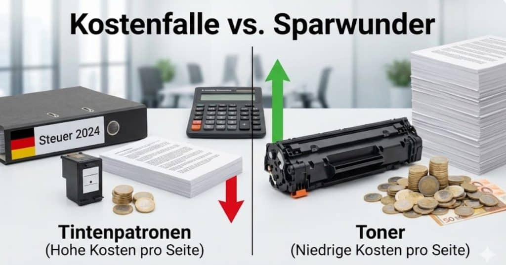 Vergleich der Druckkosten und Reichweite: Teure Tintenpatrone mit wenig Münzen (links) vs. effiziente Tonerkartusche mit großem Geldstapel (rechts) für Unternehmen in Deutschland & Österreich.