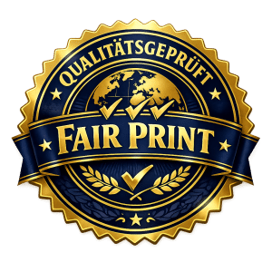 Gold-blaues Qualitätssiegel „Qualitätsgeprüft – Fair Print“ für geprüfte Druckqualität und faire Standards